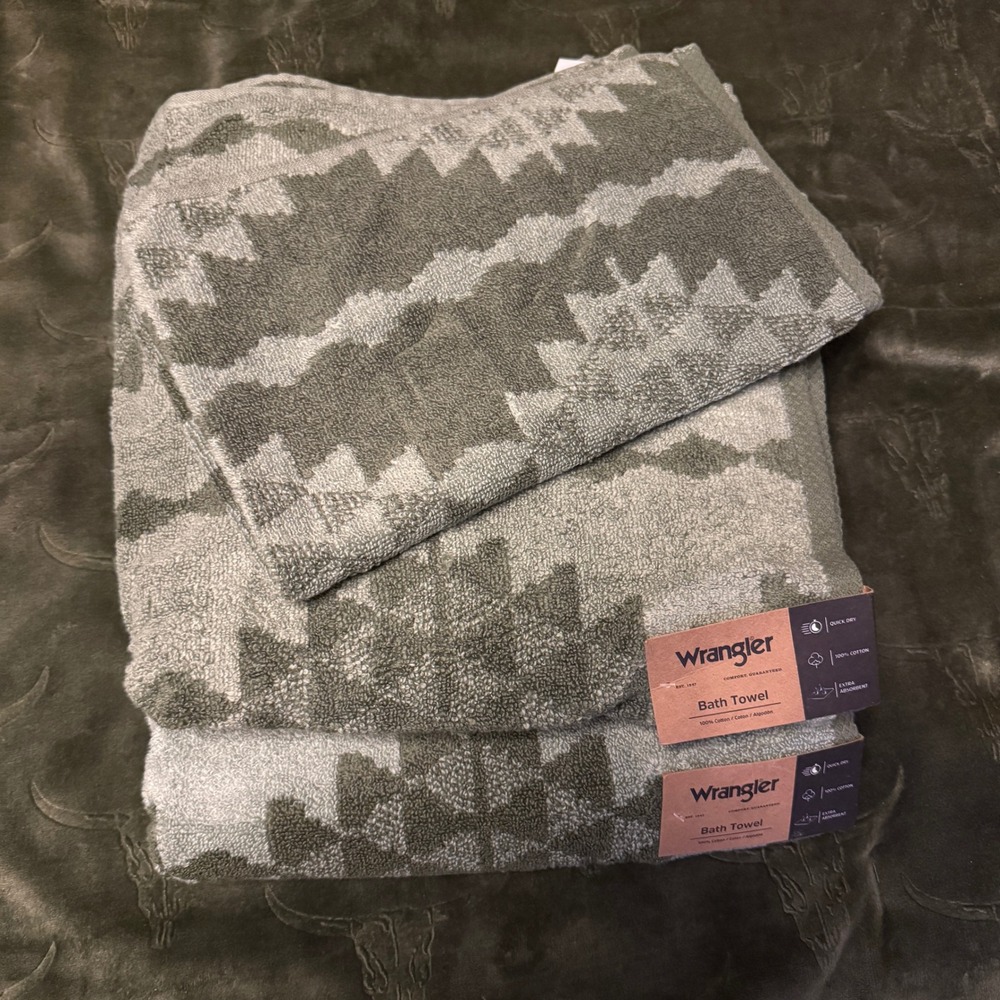 Wrangler Towel Set Unisex OS Green New 3pc Blanket Weave Cotton Bath Hand Towels